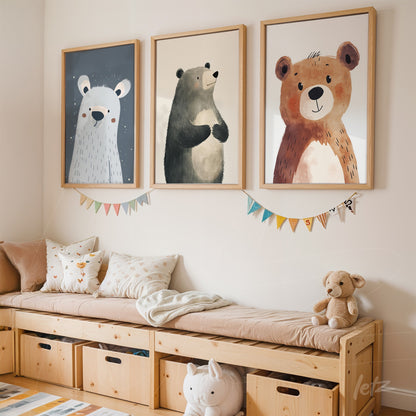set of three children's style bear prints with light wood frames displayed above a wooden bench in a kids' room