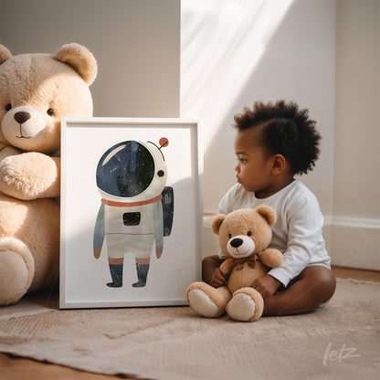 framed wall art featuring a stylized astronaut illustration next to a child holding a teddy bear in a brightly lit room