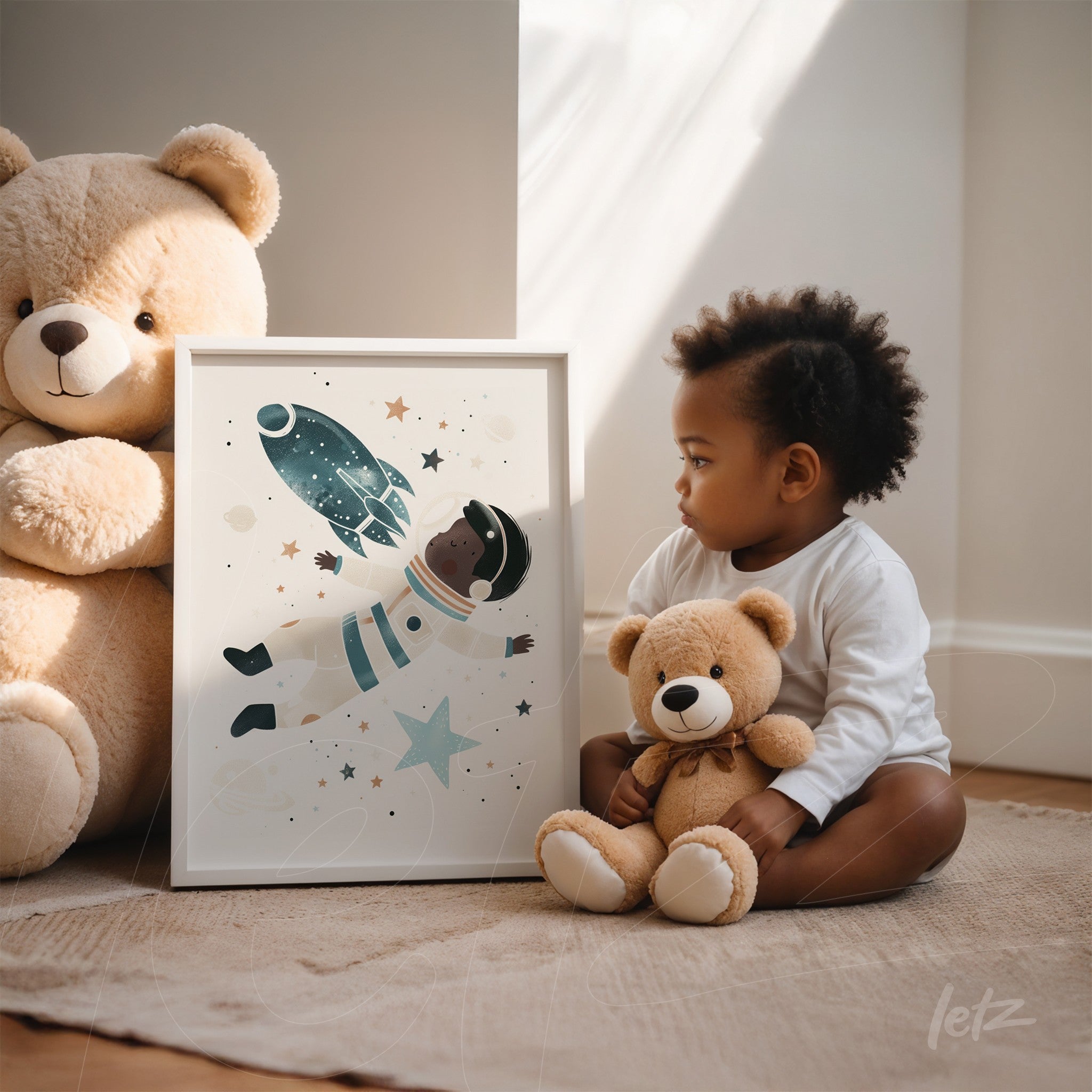 framed artwork featuring a colorful astronaut illustration floating among stars in a children's space with teddy bears