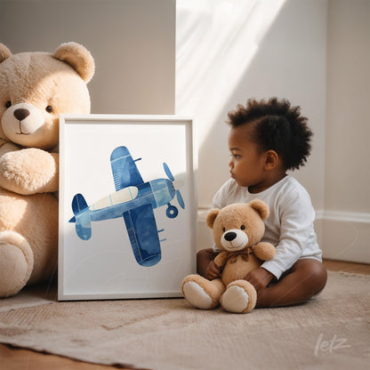 framed illustration of a blue airplane next to a child holding a teddy bear in a bright room