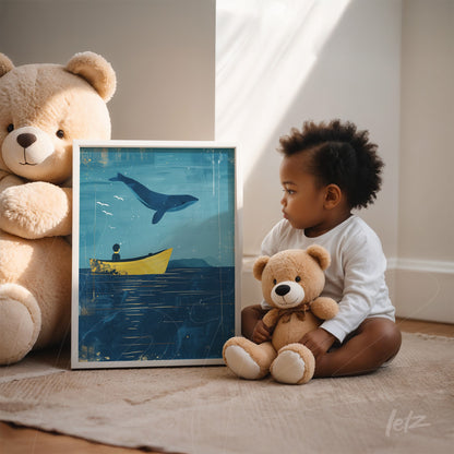 framed artwork featuring a child in a yellow boat with a whale above in blue water, displayed next to a child and teddy bears in a light-filled room