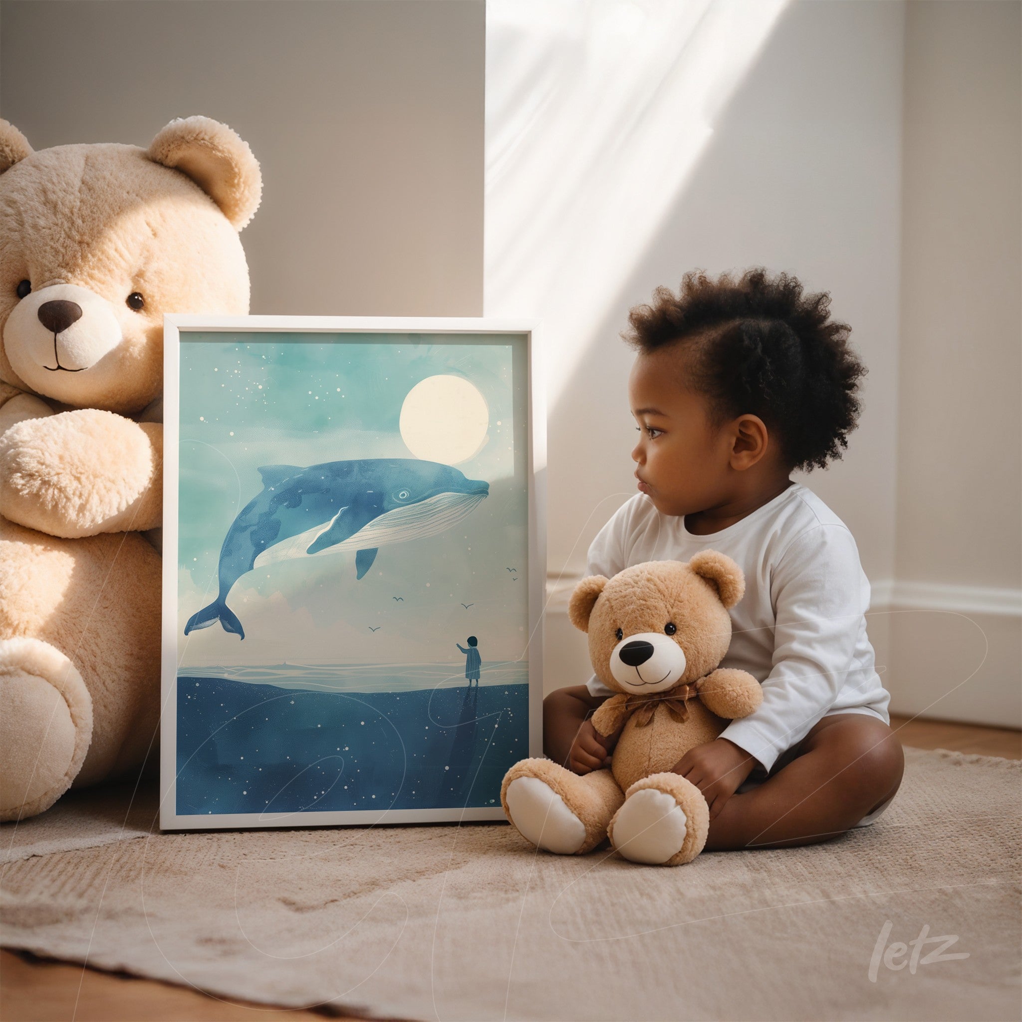 framed artwork featuring a whale swimming under the moonlight beside a child sitting with a teddy bear