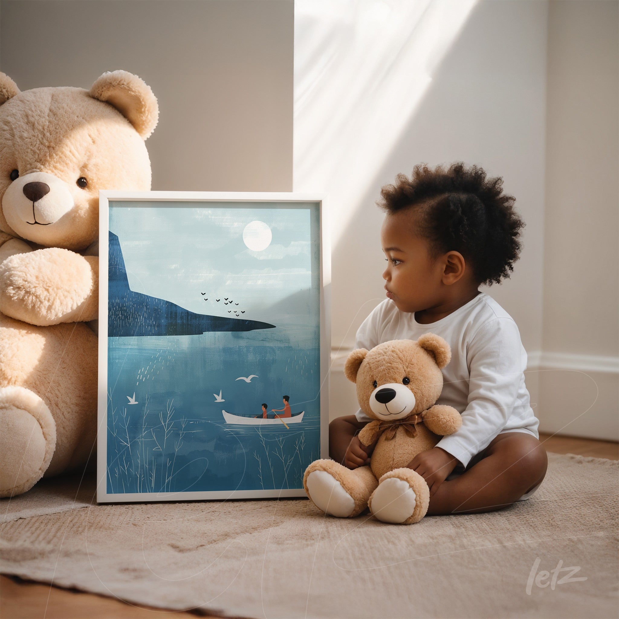 decorative wall art featuring an illustration of a boat on a lake under a calm night, white frame displayed next to a child sitting with soft toys