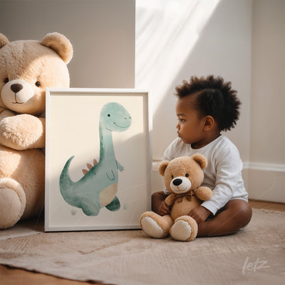 framed artwork featuring a friendly dinosaur illustration next to a child holding a teddy bear in a naturally lit room