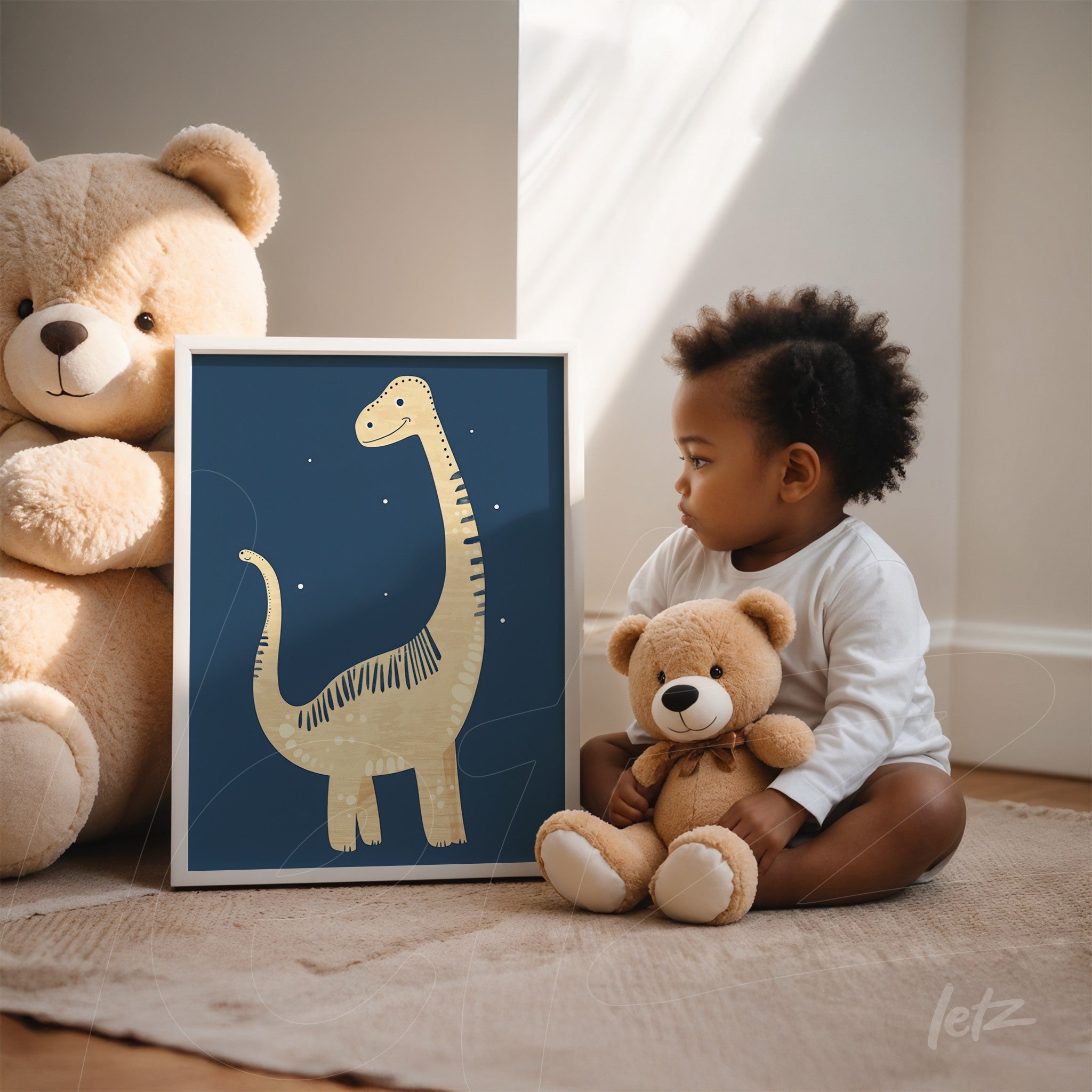 framed artwork featuring a yellow dinosaur illustration on a blue background displayed next to a child holding a plush teddy bear in a well-lit room