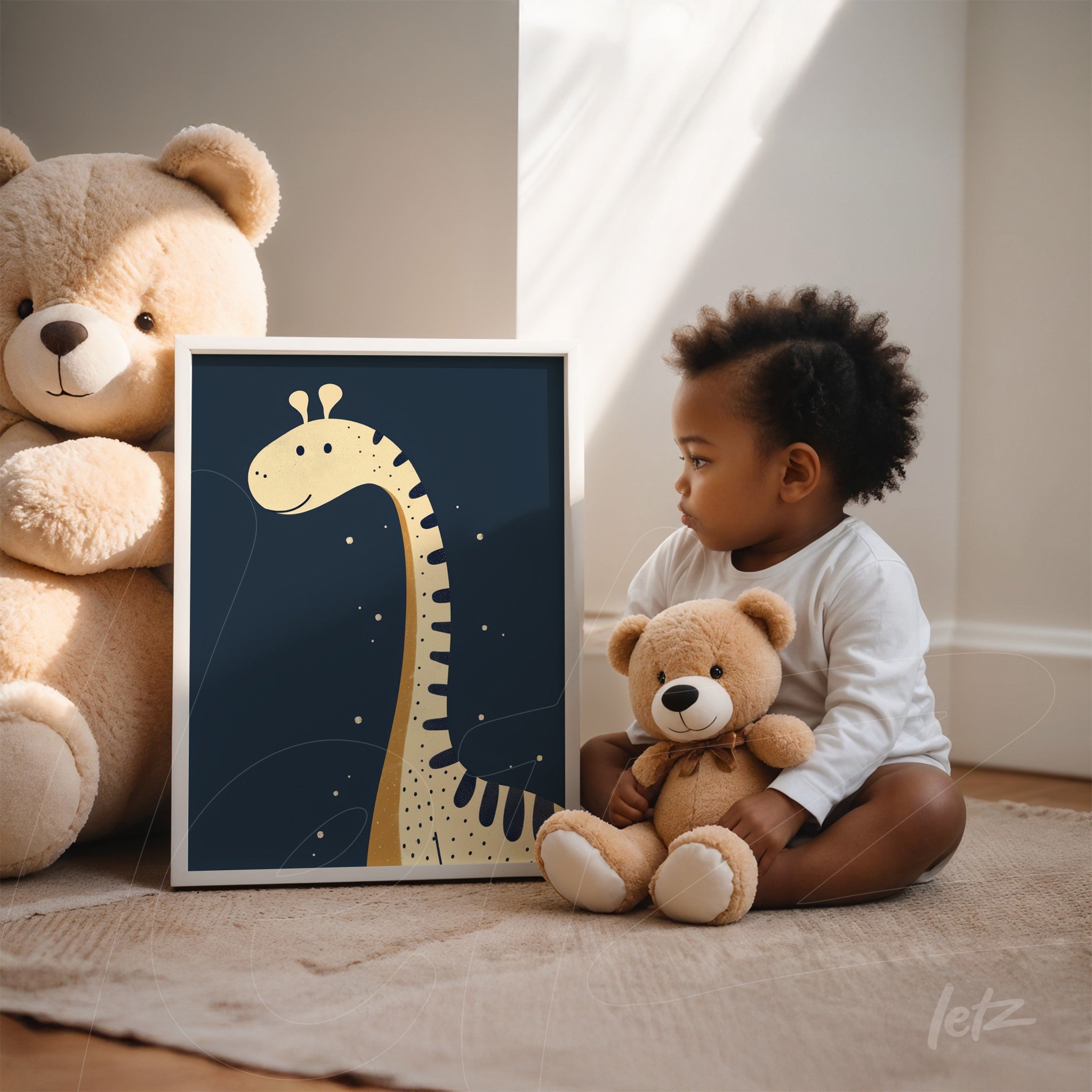 framed artwork featuring a playful giraffe illustration beside a child holding a teddy bear in a cozy setting