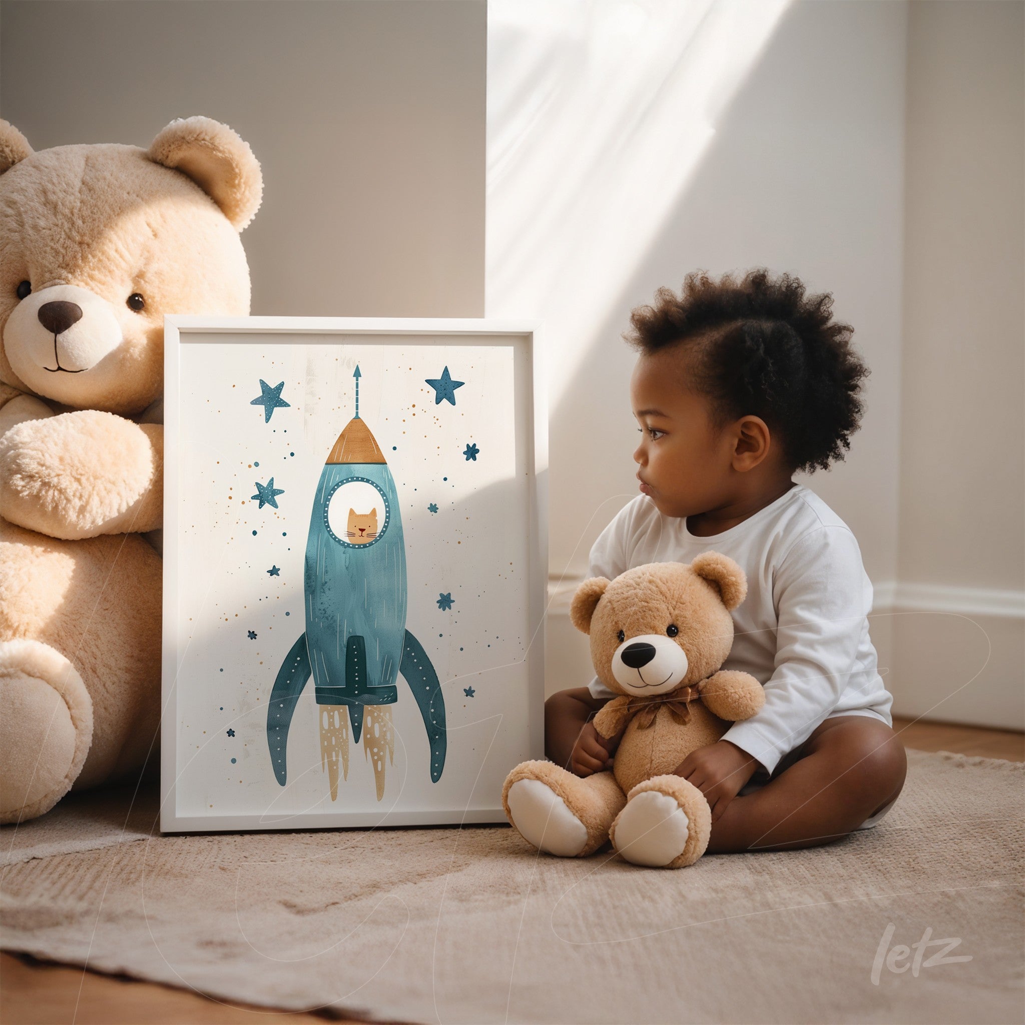 framed wall art featuring a blue rocket illustration with stars beside a child holding a teddy bear