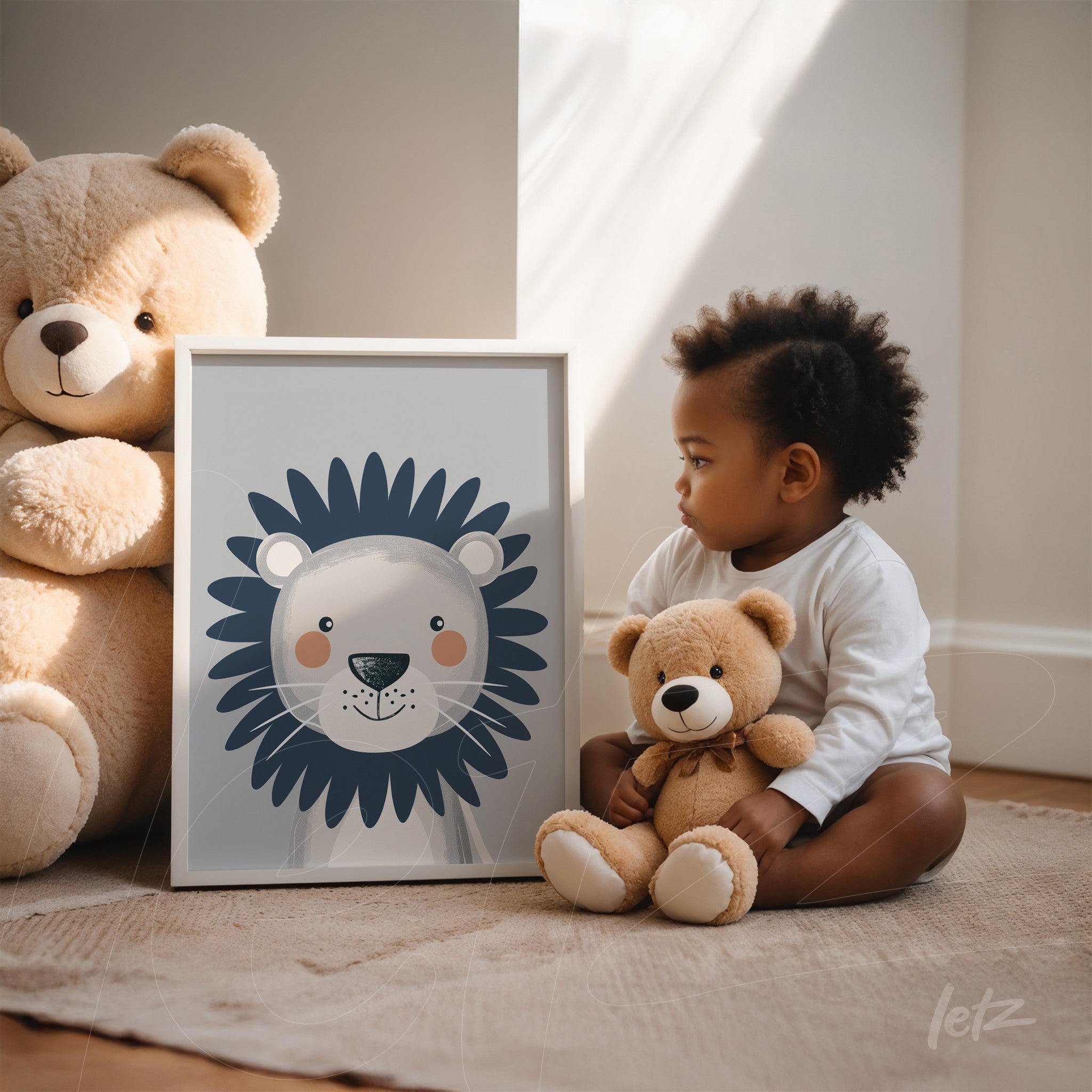 framed artwork of a lion illustration in white frame displayed next to a child and two plush bears in a well-lit room