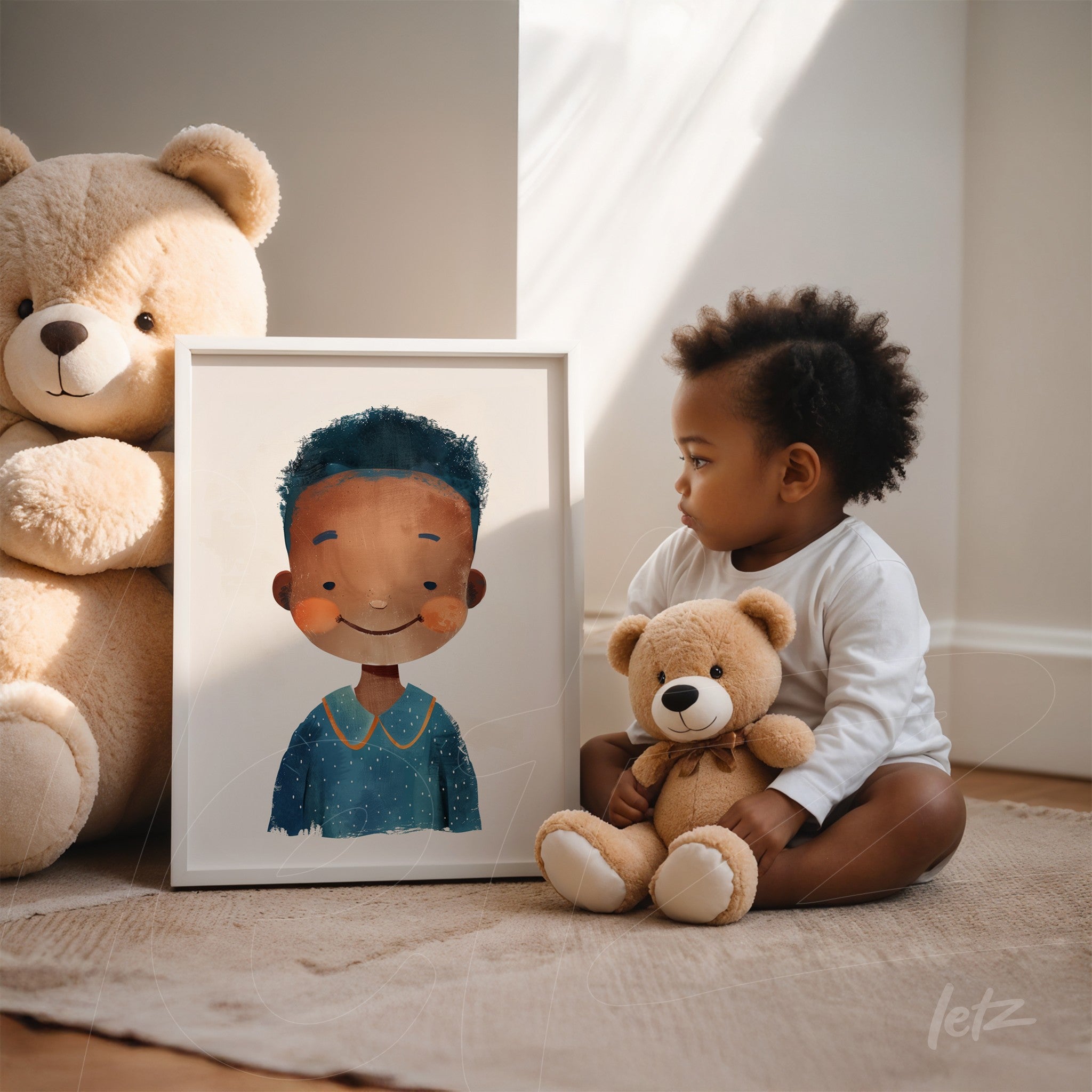 framed artwork featuring a smiling boy illustration in a white frame next to a child holding a teddy bear