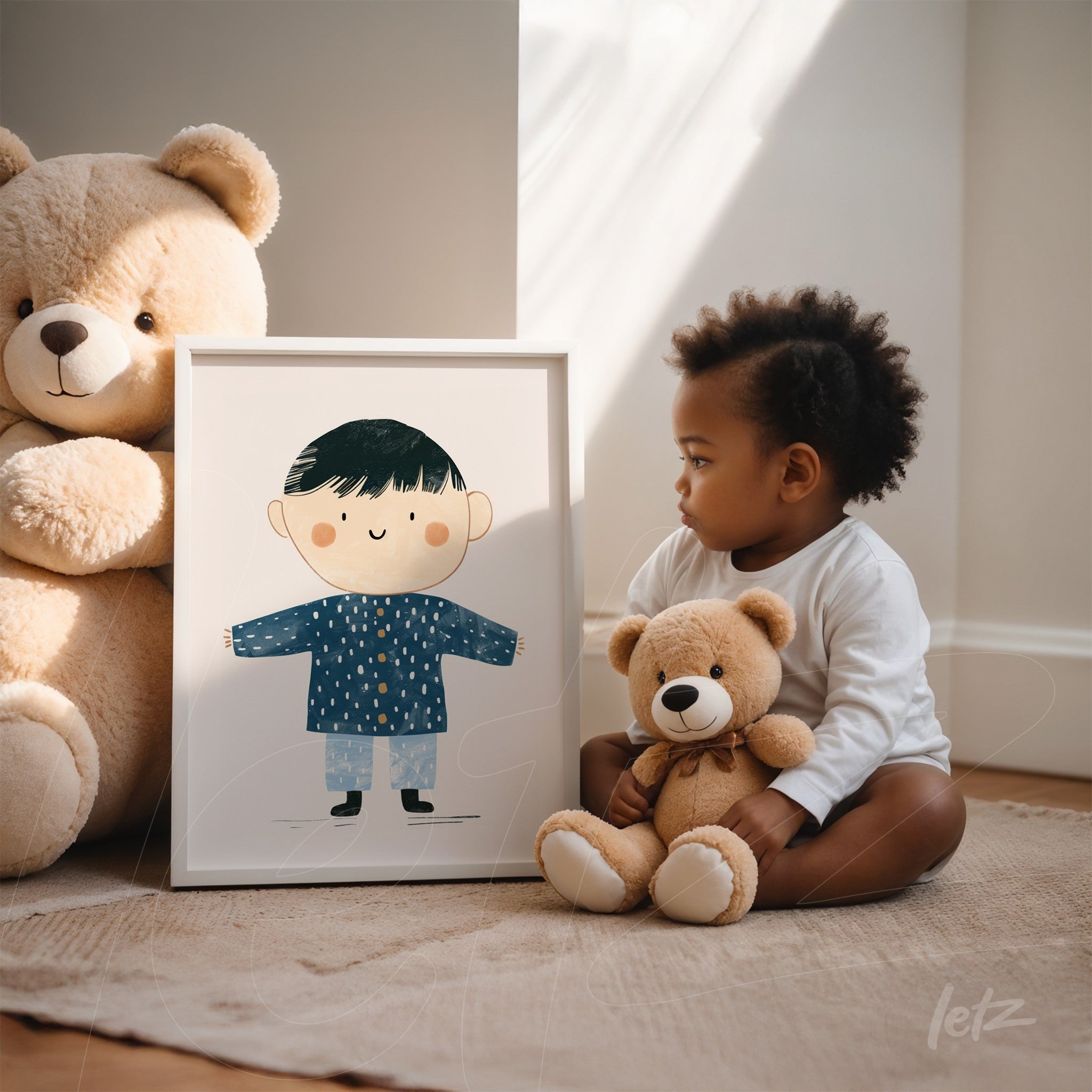 framed child illustration of a boy in blue shirt with light background, positioned on neutral floor next to a child and a teddy bear