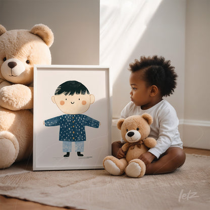 framed child illustration of a boy in blue shirt with light background, positioned on neutral floor next to a child and a teddy bear