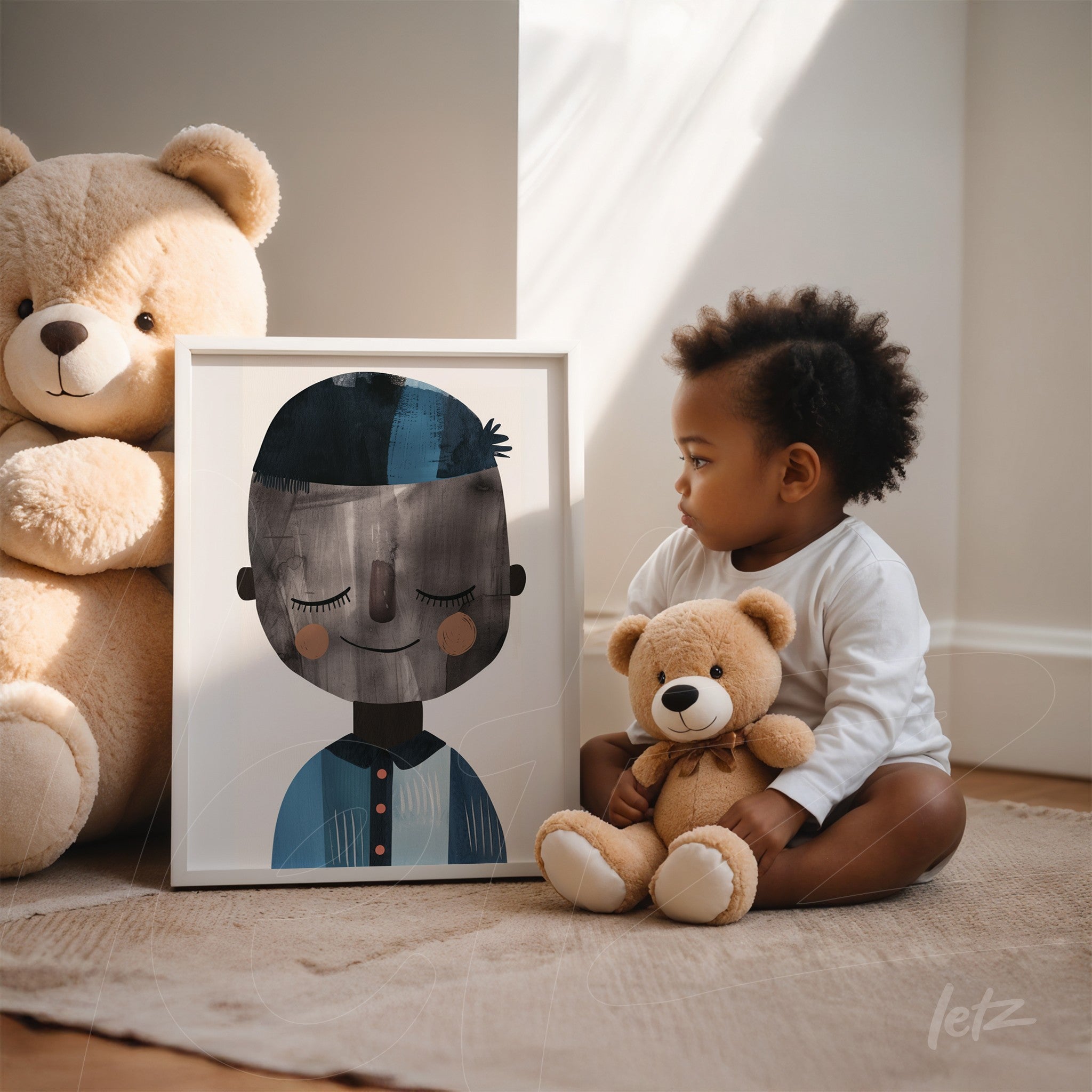 framed illustration of a minimalist boy with closed eyes next to plush teddy bears in a bright setting
