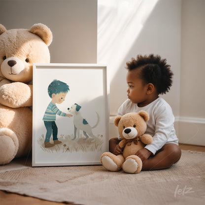 framed artwork depicting a child interacting with a dog, white frame, resting on the floor next to plush toys