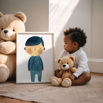 framed artwork featuring a cartoon boy with dark hair and light blue clothes beside a child holding a teddy bear