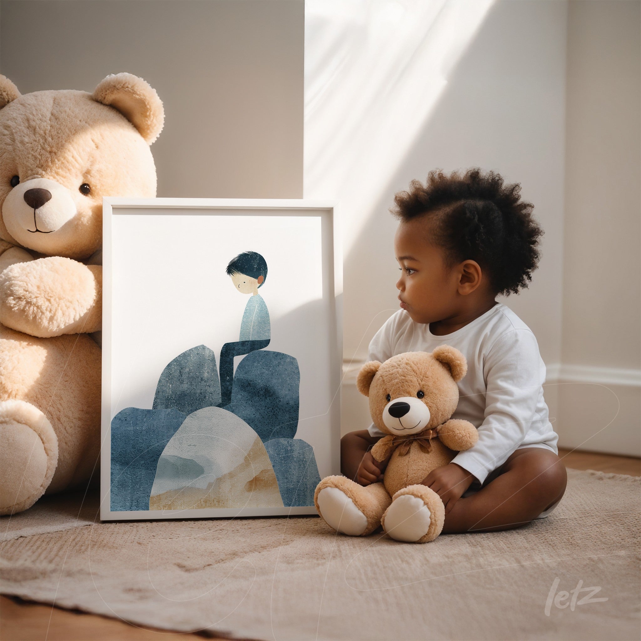 framed minimalist illustration of a boy sitting on rocks, displayed beside a child holding a teddy bear