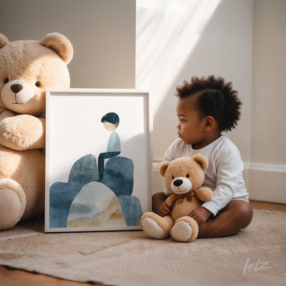 framed minimalist illustration of a boy sitting on rocks, displayed beside a child holding a teddy bear