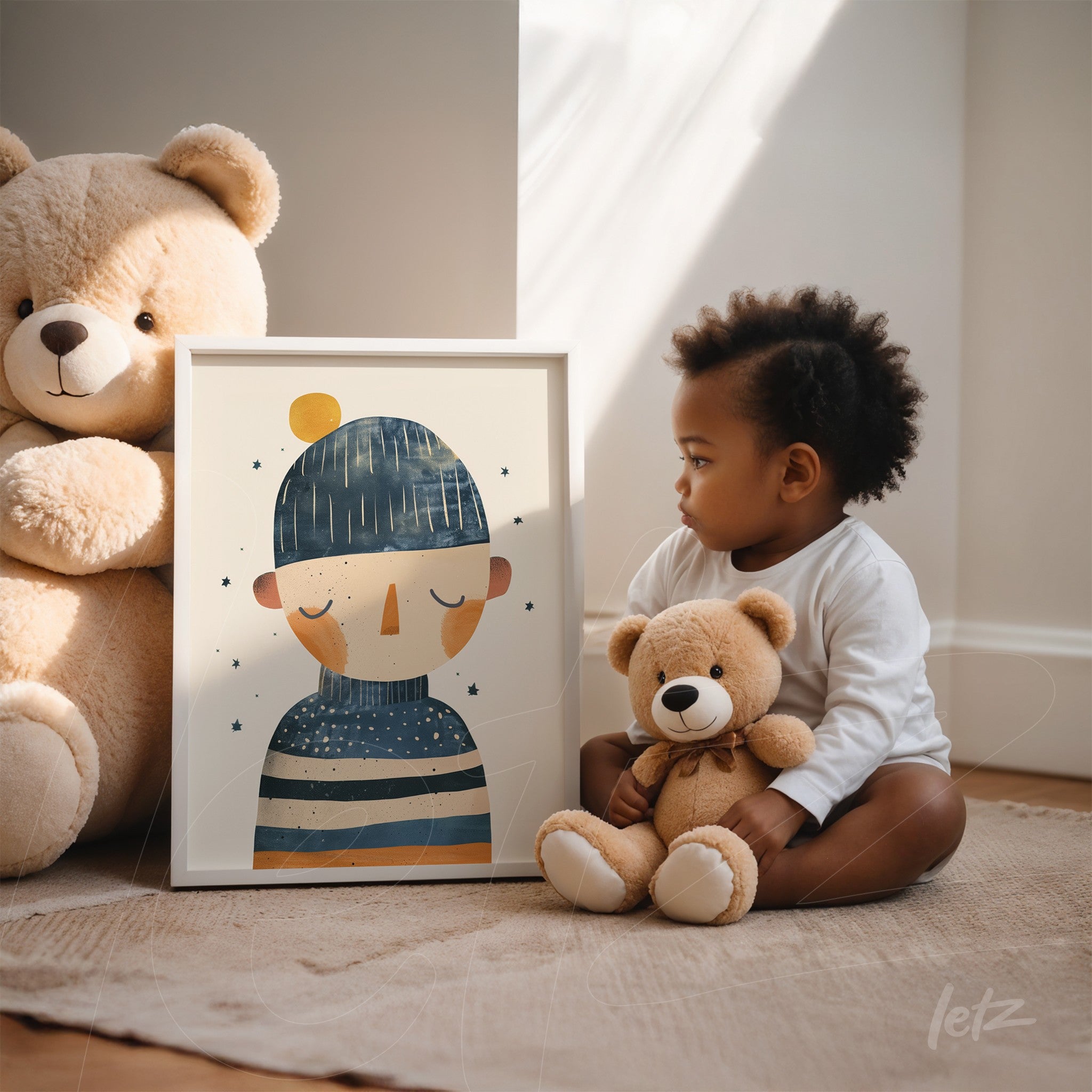 framed art print featuring a child in a striped sweater and blue hat, next to a child holding a teddy bear