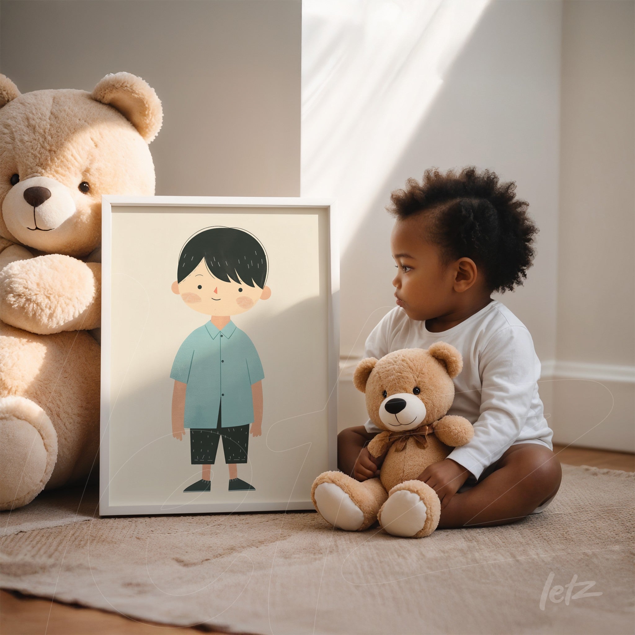 framed illustration of a smiling boy in a white frame beside a child holding a teddy bear next to a large stuffed bear