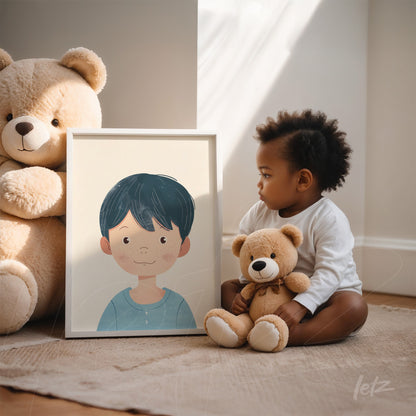 decorative art print featuring illustration of a short-haired dark-haired boy in a light frame alongside a child holding plush toys