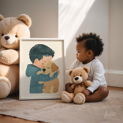 framed artwork of a boy hugging a puppy beside a child sitting with plush bears
