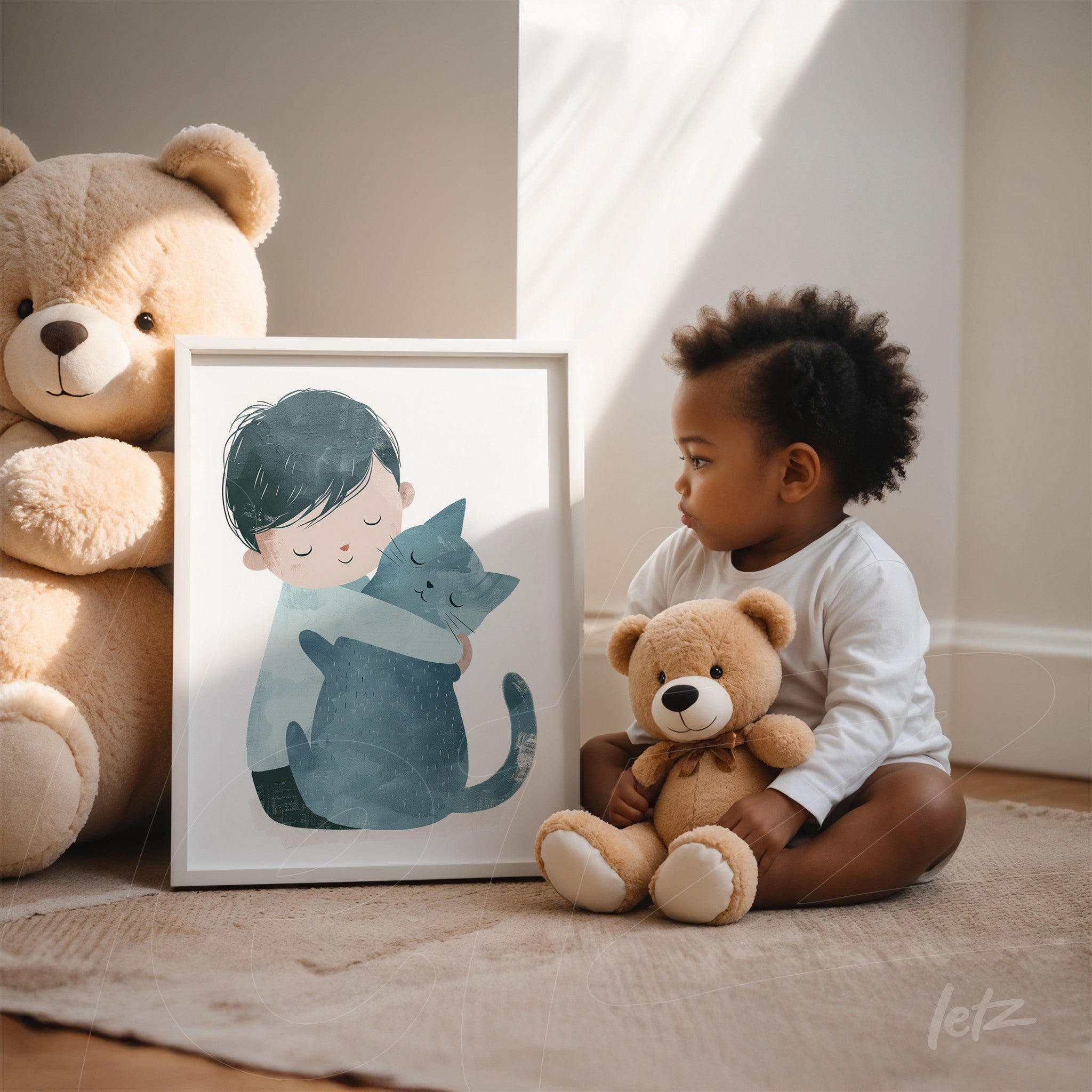 framed illustration of a child hugging a cat with a white frame, placed on the floor next to plush toys