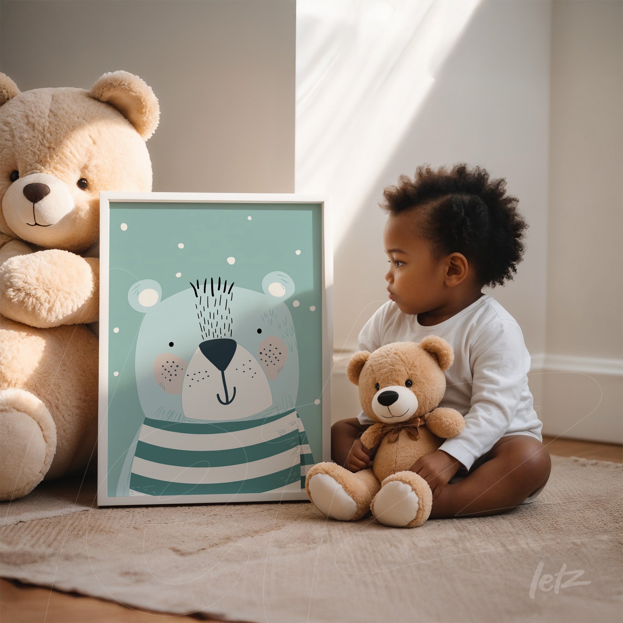 framed children's art featuring a cartoon bear with stripes, displayed next to a child and stuffed bears