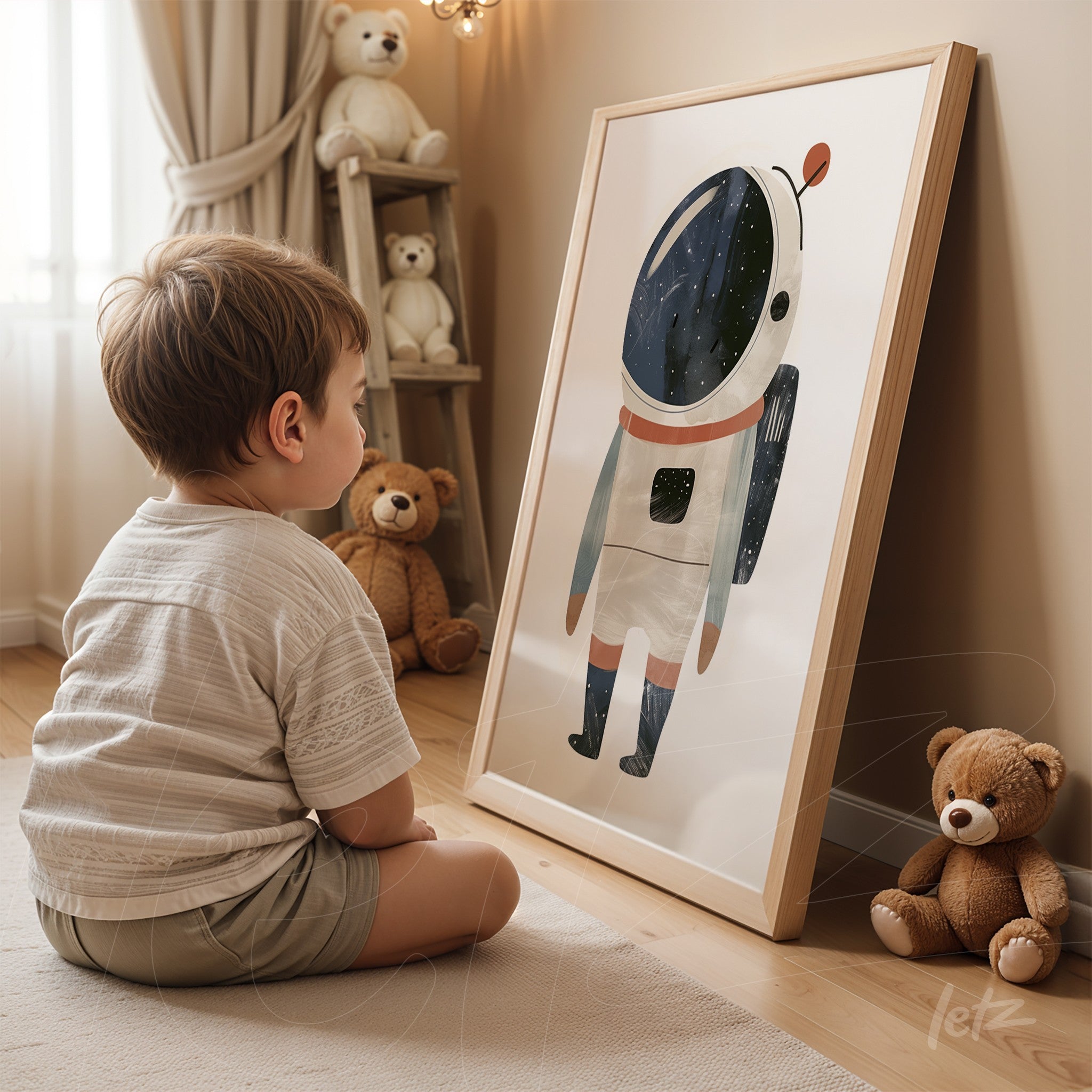 framed artwork of an astronaut in light wood frame displayed in a children's room with a boy sitting beside it