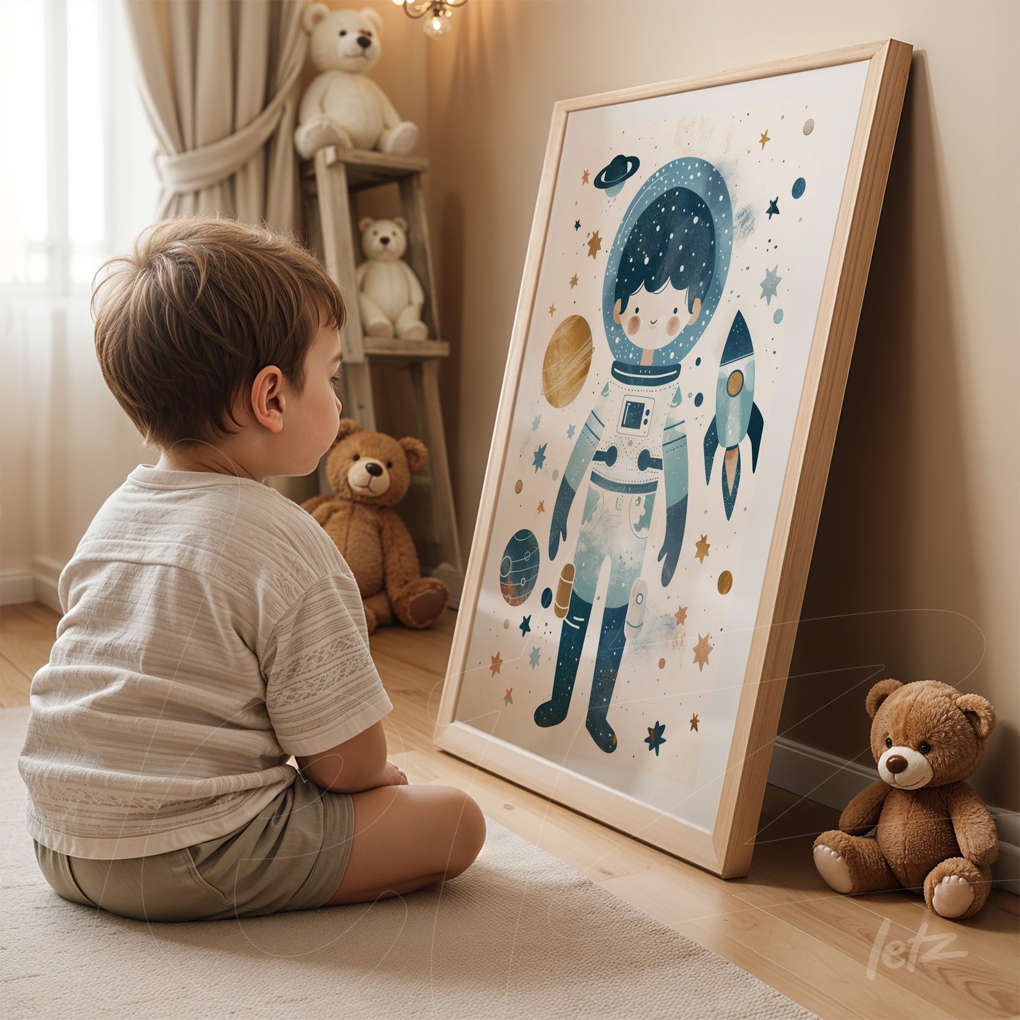 scene of a child sitting in front of a wall art depicting an astronaut amidst planets, framed in light wood