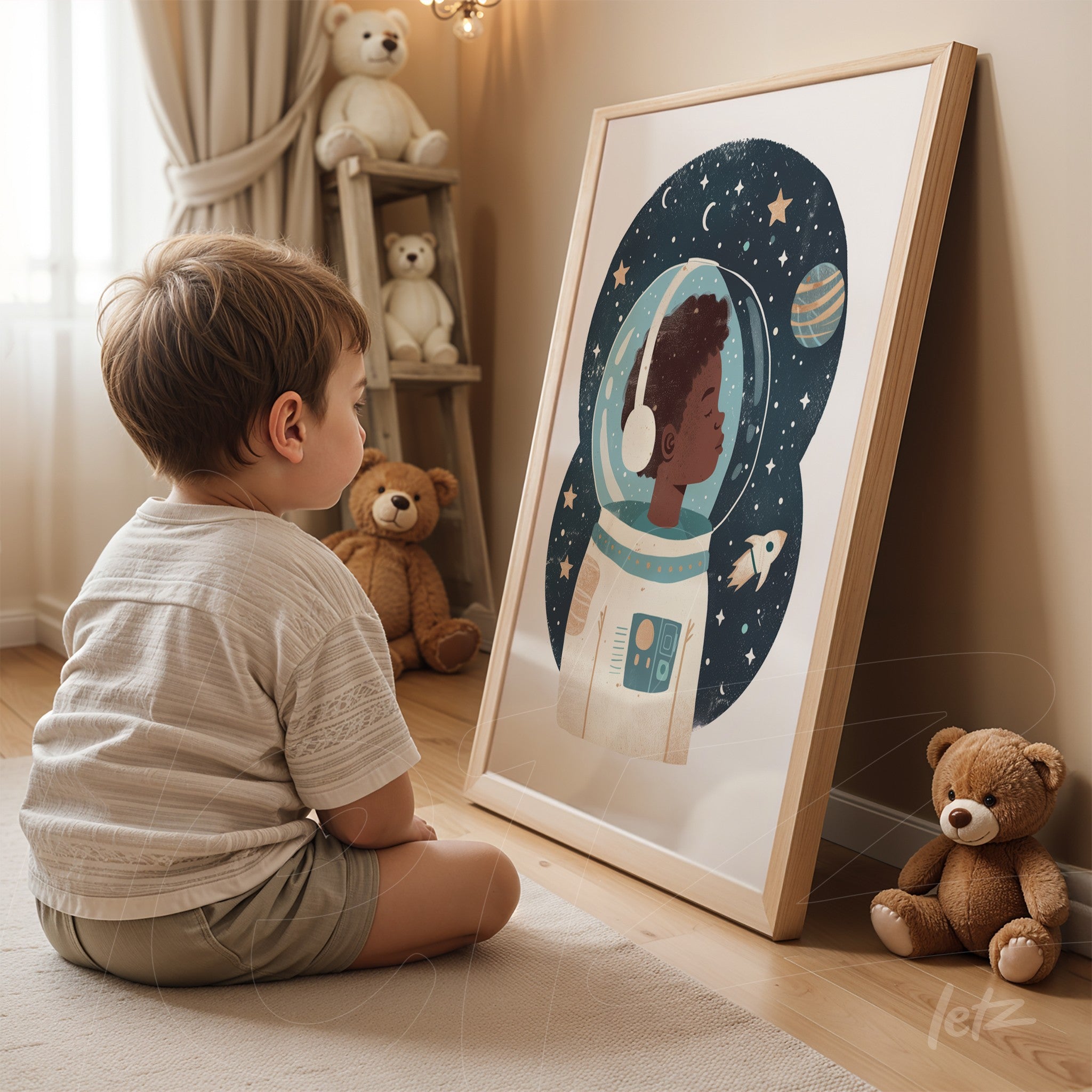 decorative artwork featuring an illustration of a child astronaut in a light frame displayed in a cozy setting with toys around