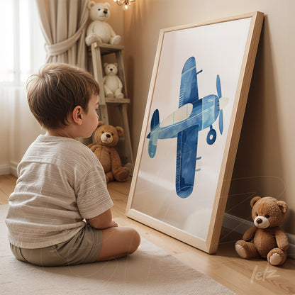 framed wall art of a blue airplane illustration displayed on the floor in a children's room surrounded by plush toys