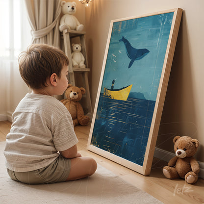 framed artwork of a boy in a yellow boat watching a whale against a blue background, leaning on a wooden shelf next to toys