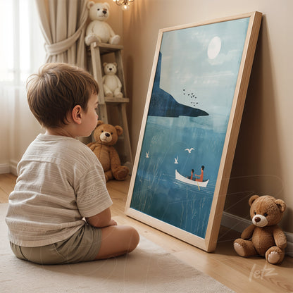 framed artwork featuring an illustration of a serene lake with a boat, viewed by a child in front of light wooden furniture