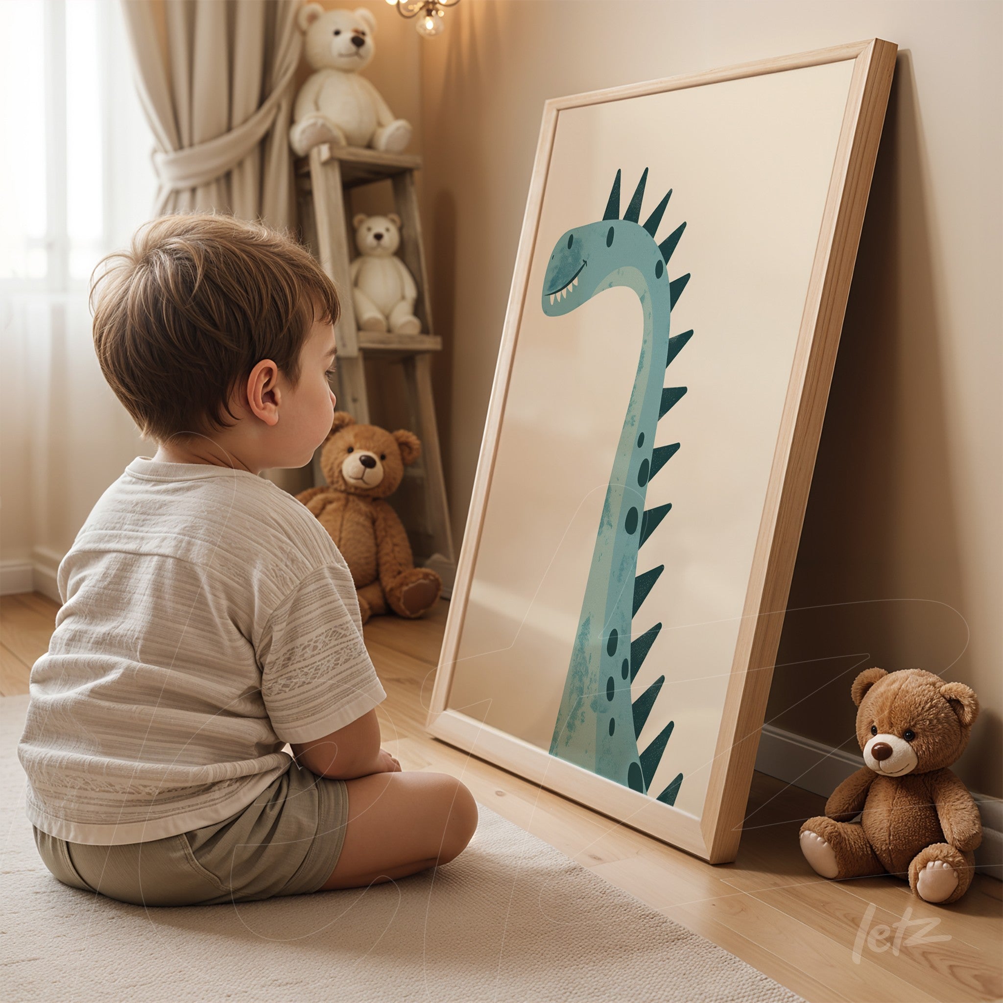 framed wall art featuring a blue dinosaur illustration leaning on the floor in front of a child, surrounded by plush toys