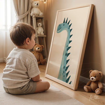 framed wall art featuring a blue dinosaur illustration leaning on the floor in front of a child, surrounded by plush toys