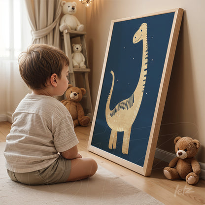 framed wall art of a playful dinosaur illustration on dark blue background, leaning against light wall with light wooden frame