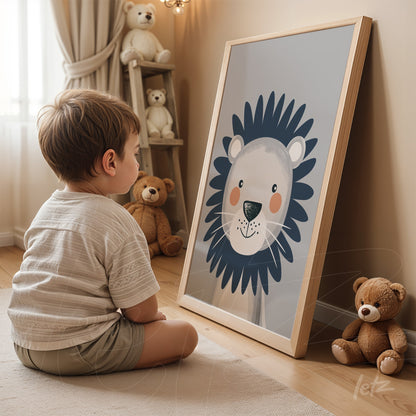 framed wall art featuring a cute lion illustration with light wooden frame displayed next to a boy sitting in a cozy setting