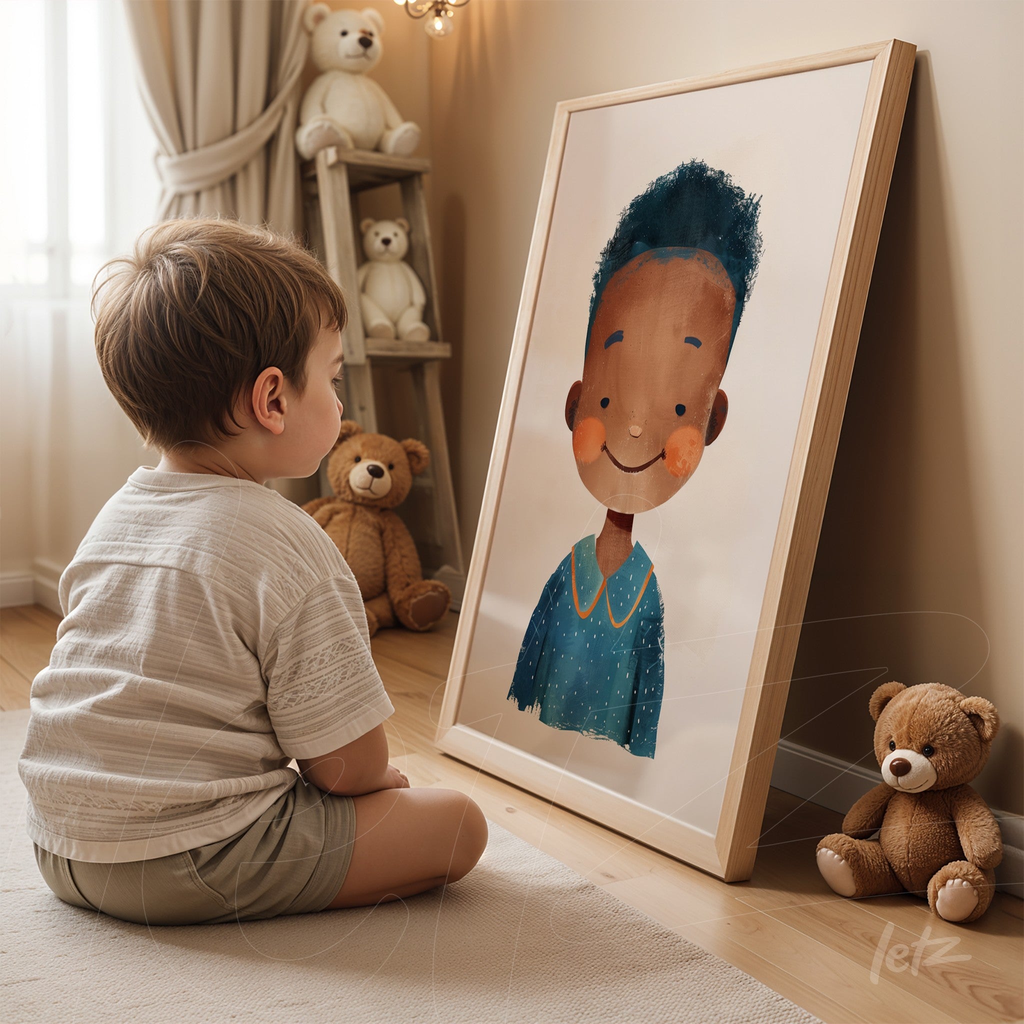 framed wall art featuring a smiling boy illustration in a cozy setting surrounded by toys