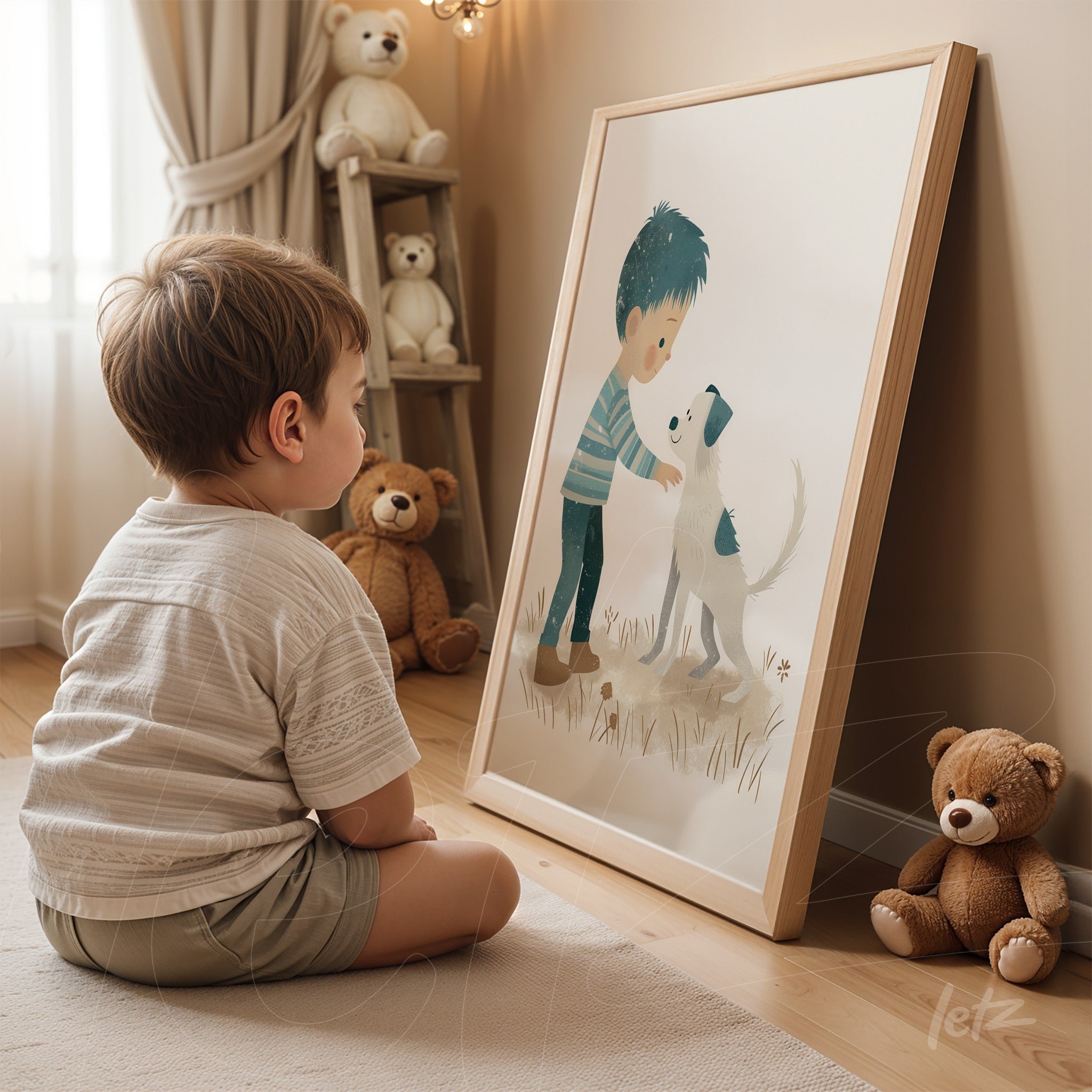 framed illustration of a boy petting a dog with light wood frame displayed near toys in a cozy setting