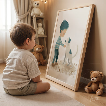 framed illustration of a boy petting a dog with light wood frame displayed near toys in a cozy setting