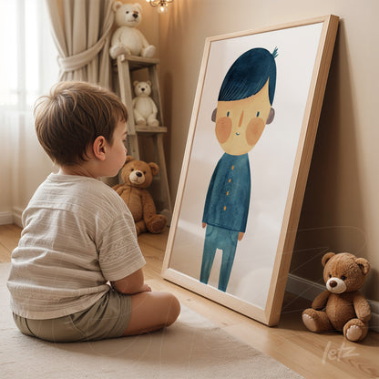framed illustration of a boy displayed beside a child sitting on the floor with light wooden frame