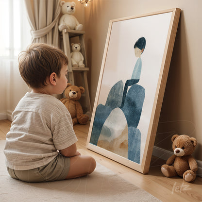 framed artwork featuring a boy sitting on rocks with a light frame, displayed in a children's room with teddy bears
