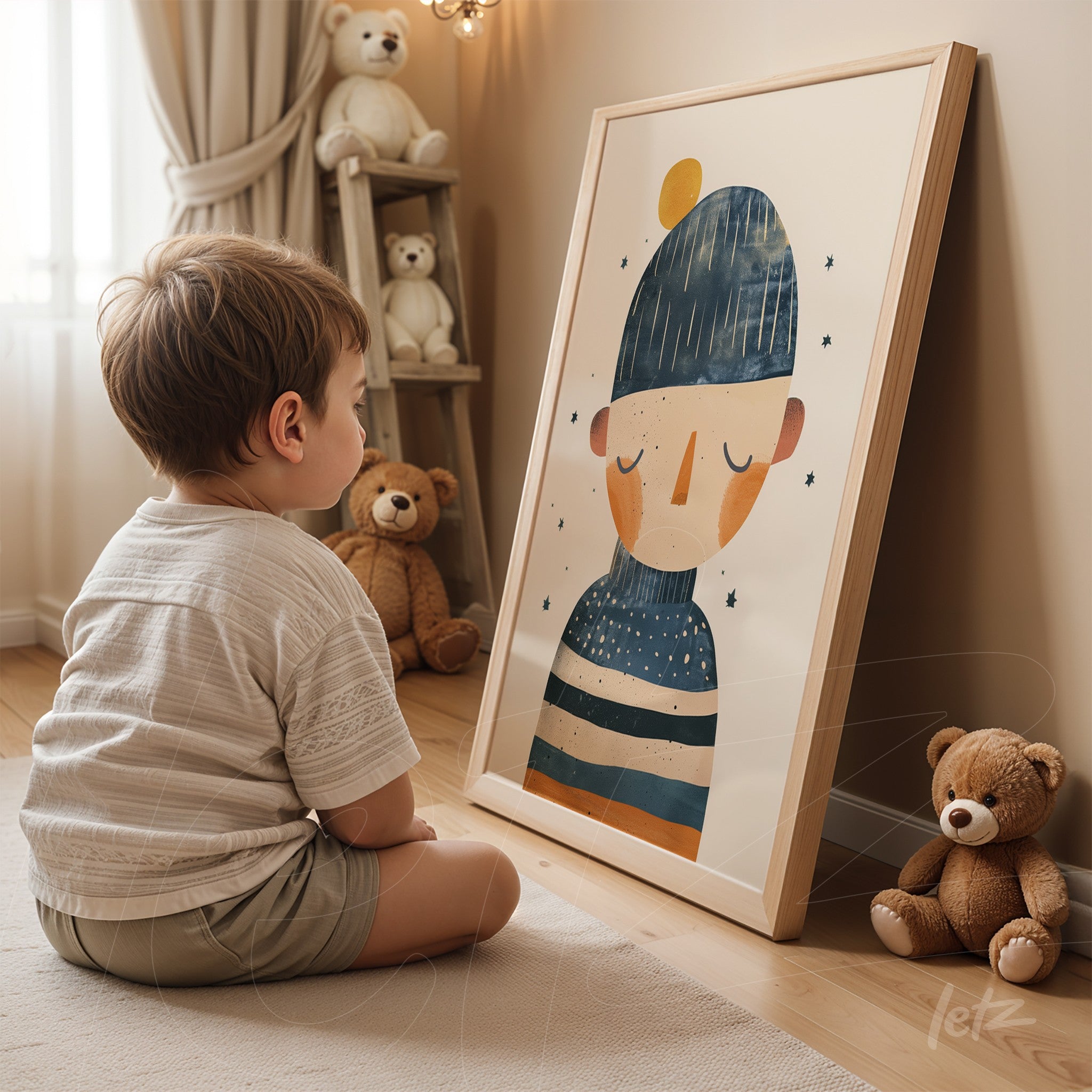 framed playful illustration of a boy wearing a beanie and striped sweater displayed next to toys in a cozy setting