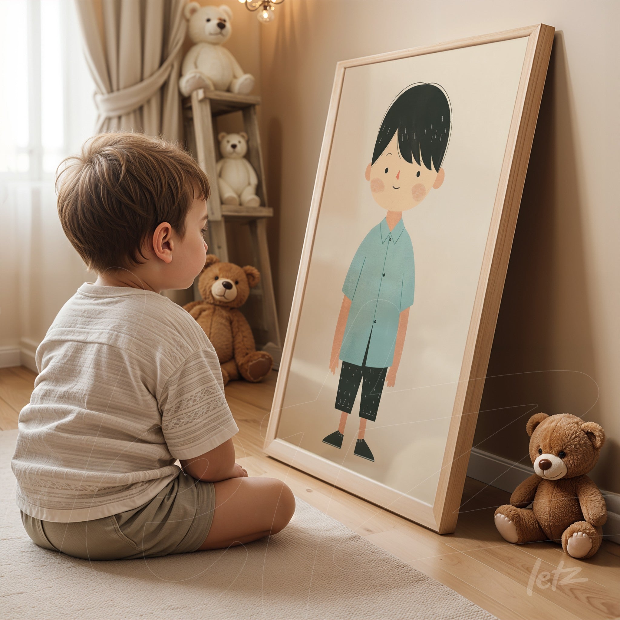 framed illustration of a smiling boy in light frame displayed next to plush toys in a neutral setting