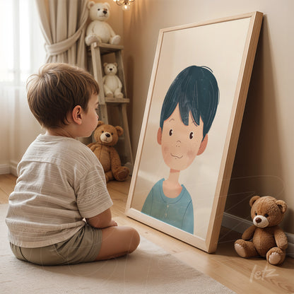 framed artwork depicting a boy's face with dark hair and blue shirt, leaning on the floor in a children's room