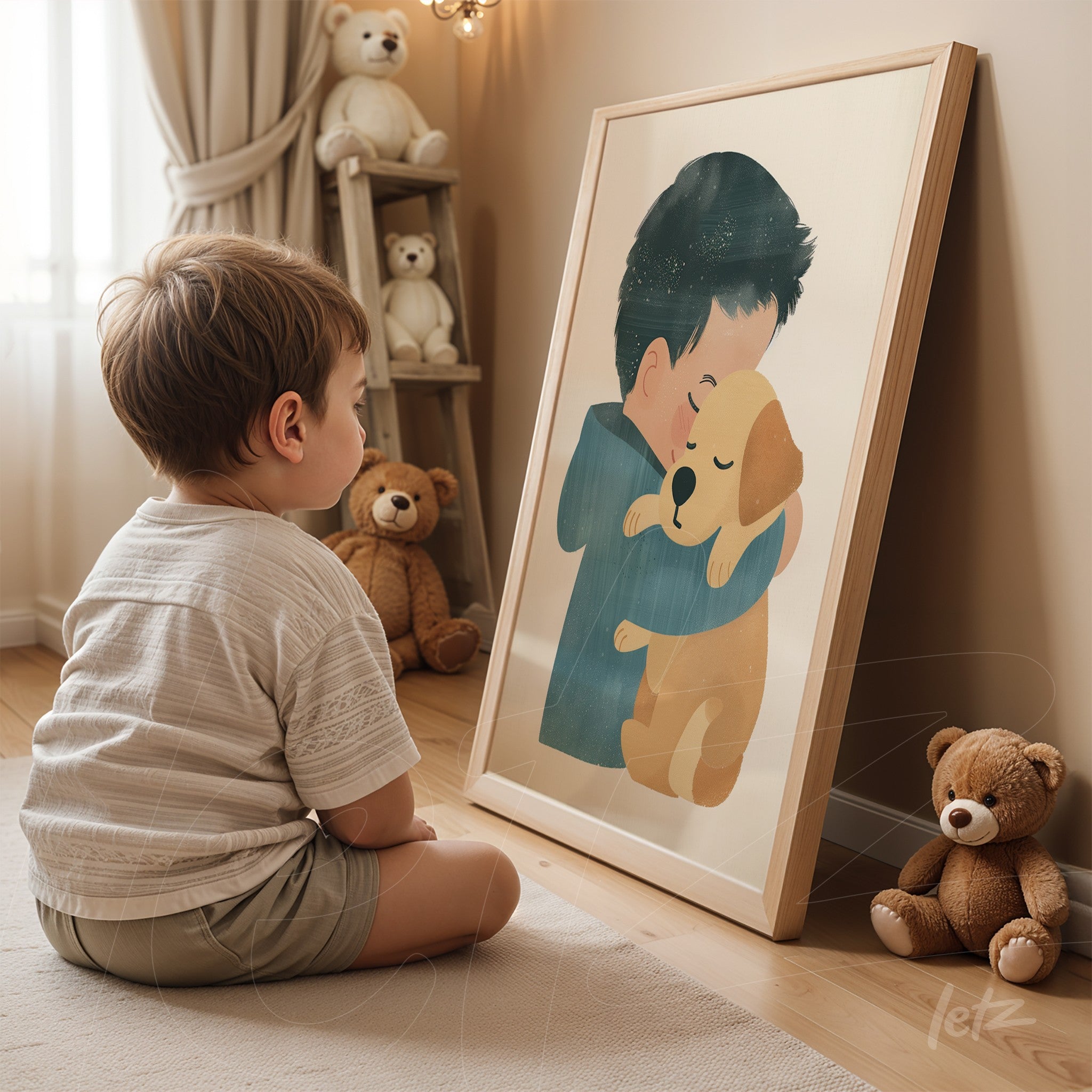 framed artwork depicting a cute boy hugging a dog, with a light wood frame, leaning on wooden floor next to toys