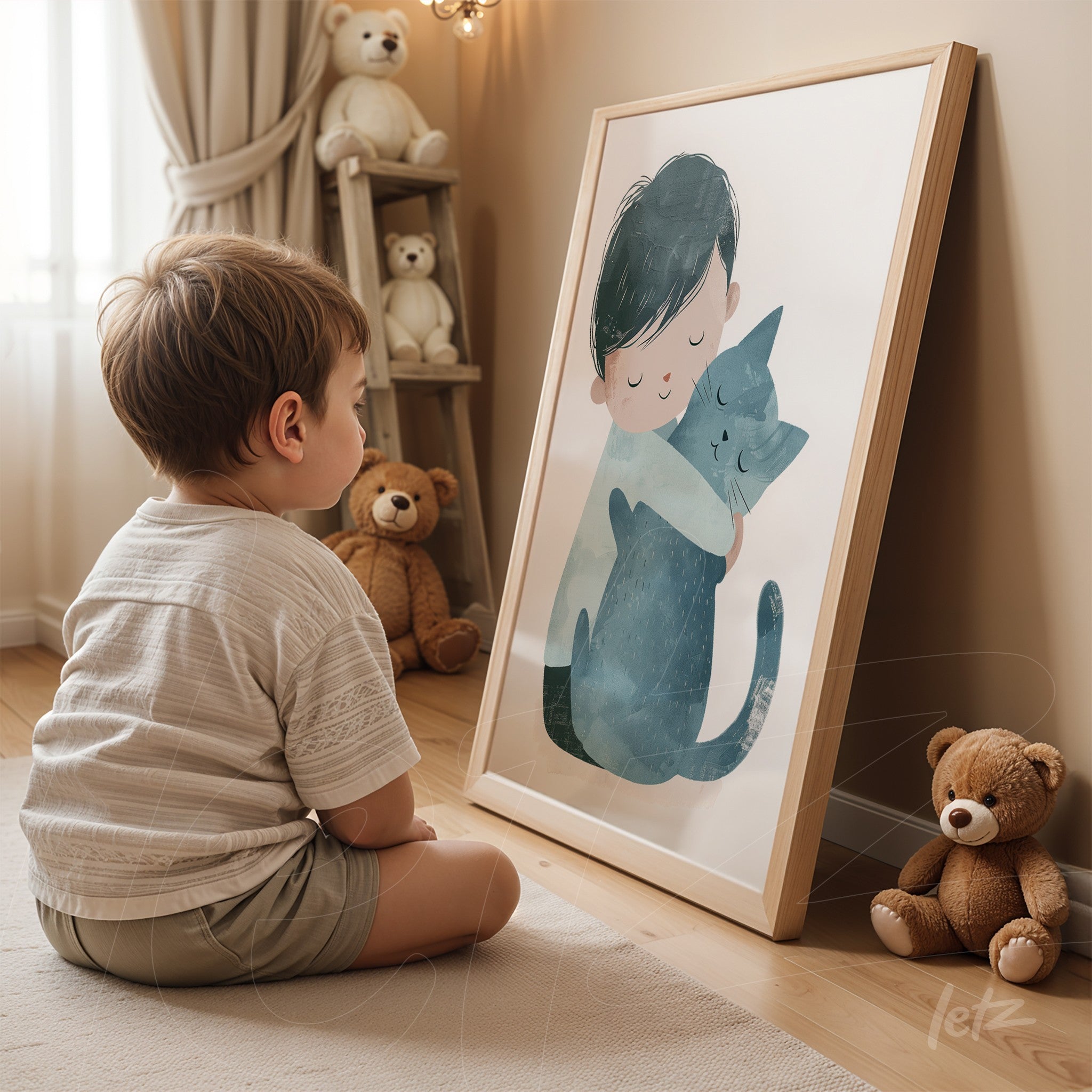 framed children's illustration of a child hugging a cat with light wooden frame displayed in a cozy setting surrounded by toys