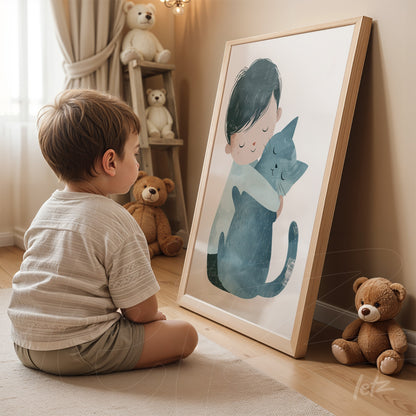 framed children's illustration of a child hugging a cat with light wooden frame displayed in a cozy setting surrounded by toys