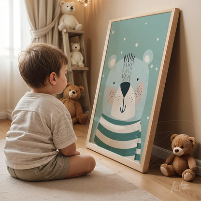 framed artwork featuring a friendly bear illustration on a green background leaning on the floor next to teddy bears