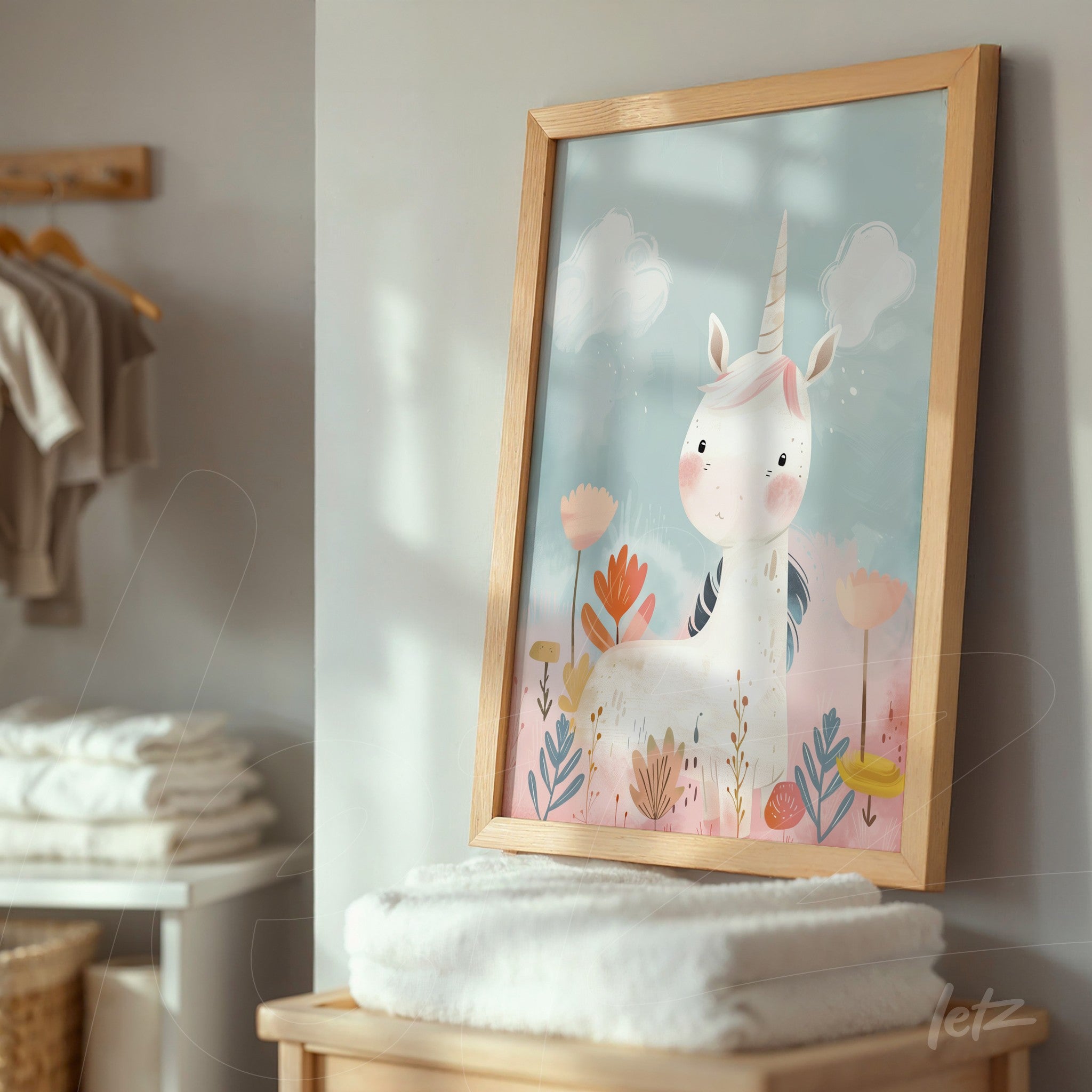 framed illustration of a unicorn with colorful flowers displayed in a bathroom setting with stacked towels