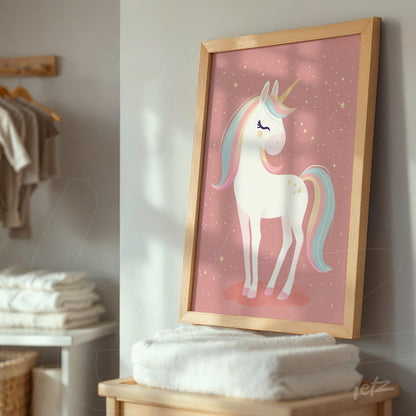 decorative wall art featuring a unicorn illustration on a pink background with light wood frame